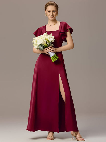 ever LIORIE|Satin Square Neck Short Sleeve Ruffled Maxi Bridesmaid Dress with Pockets