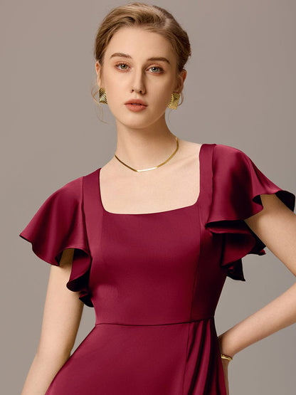 ever LIORIE|Satin Square Neck Short Sleeve Ruffled Maxi Bridesmaid Dress with Pockets