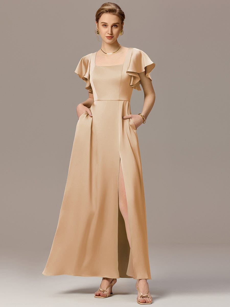 ever LIORIE|Satin Square Neck Short Sleeve Ruffled Maxi Bridesmaid Dress with Pockets