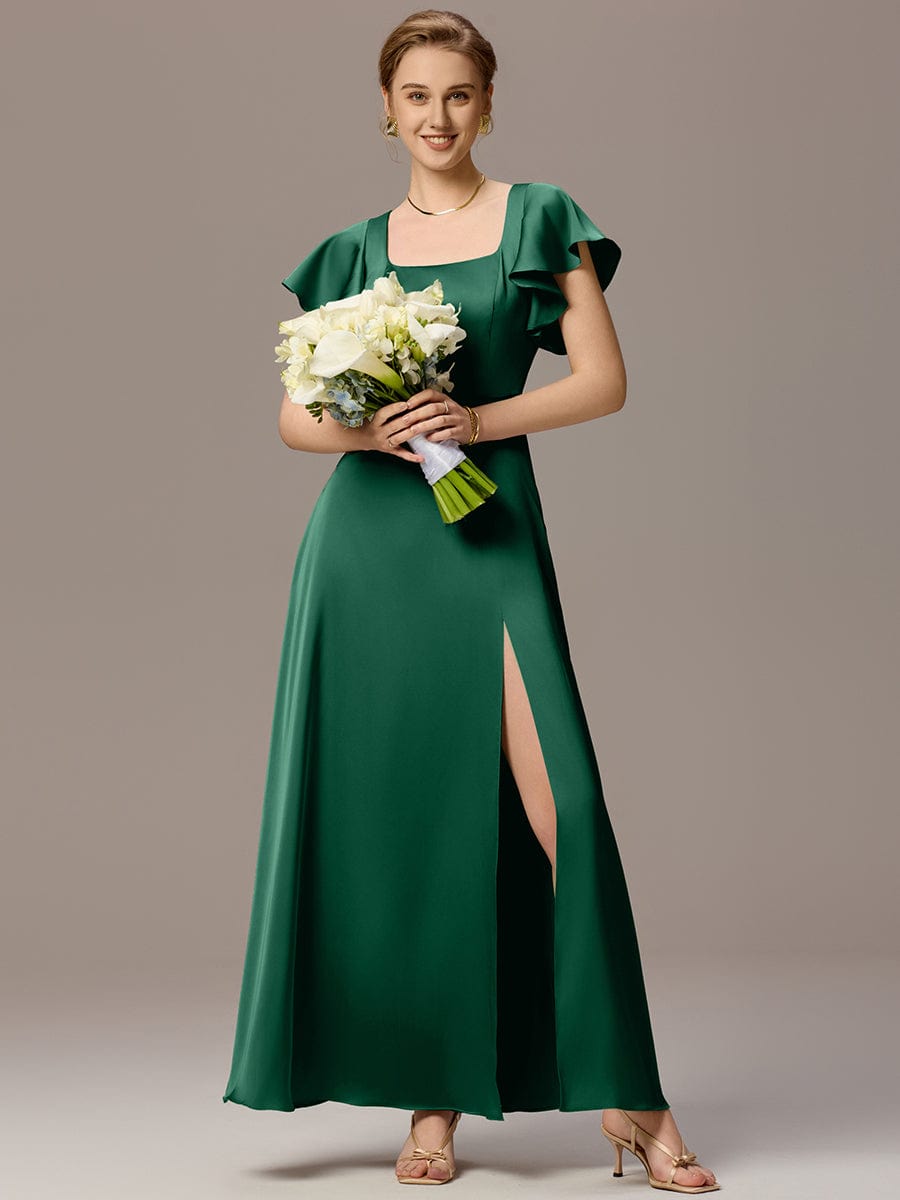 ever LIORIE|Satin Square Neck Short Sleeve Ruffled Maxi Bridesmaid Dress with Pockets