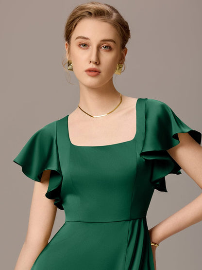 ever LIORIE|Satin Square Neck Short Sleeve Ruffled Maxi Bridesmaid Dress with Pockets