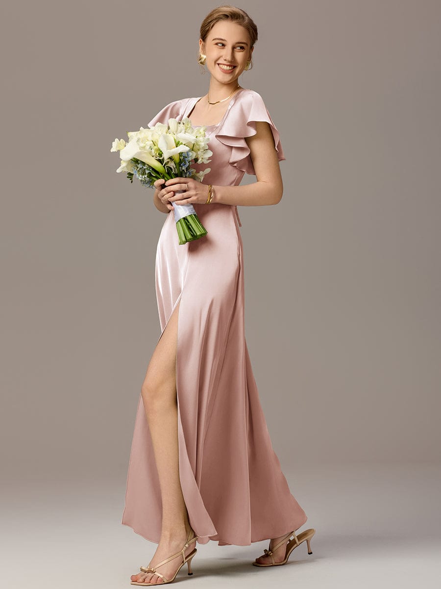 ever LIORIE|Satin Square Neck Short Sleeve Ruffled Maxi Bridesmaid Dress with Pockets