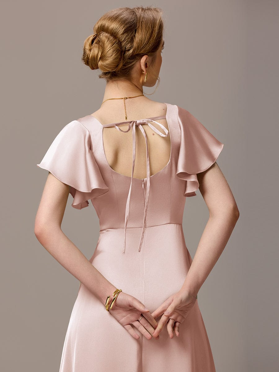 ever LIORIE|Satin Square Neck Short Sleeve Ruffled Maxi Bridesmaid Dress with Pockets