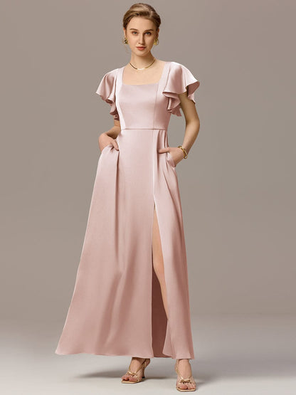 ever LIORIE|Satin Square Neck Short Sleeve Ruffled Maxi Bridesmaid Dress with Pockets