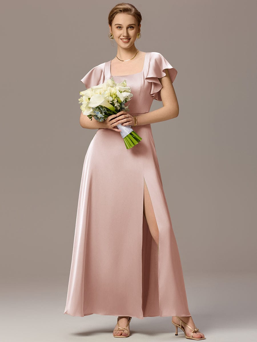 ever LIORIE|Satin Square Neck Short Sleeve Ruffled Maxi Bridesmaid Dress with Pockets