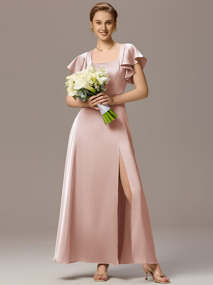 ever LIORIE|Satin Square Neck Short Sleeve Ruffled Maxi Bridesmaid Dress with Pockets