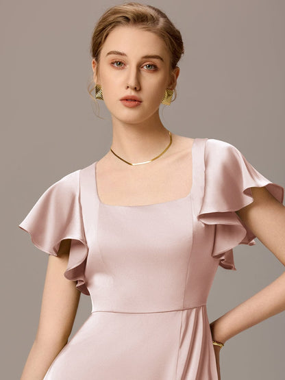 ever LIORIE|Satin Square Neck Short Sleeve Ruffled Maxi Bridesmaid Dress with Pockets