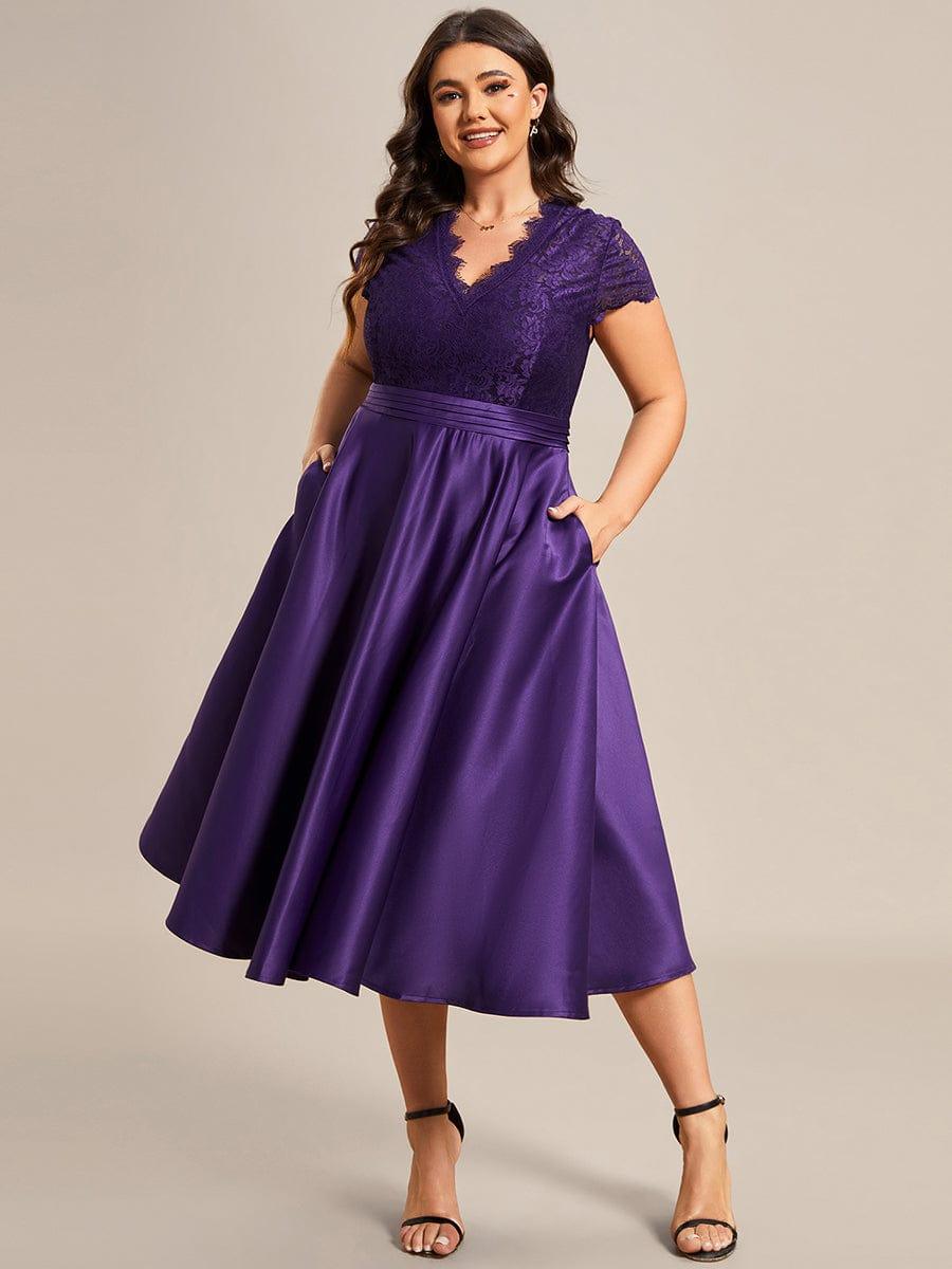 pretty HARLEY|Plus Size V-neck Lace Bodice A-line Cocktail Dress with Pockets