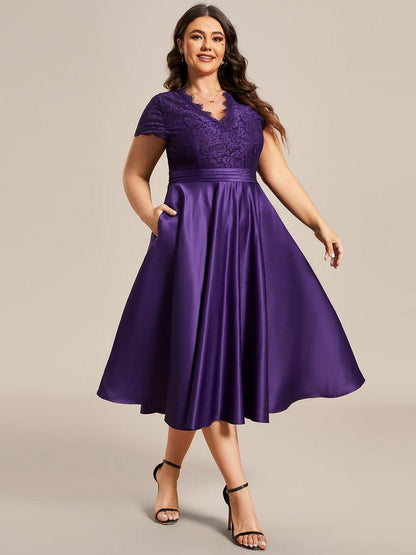 pretty HARLEY|Plus Size V-neck Lace Bodice A-line Cocktail Dress with Pockets