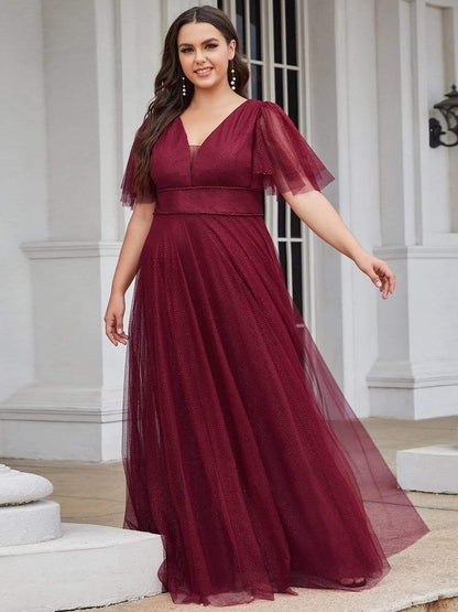 Plus Size V Neck Tulle Formal Evening Dress with Ruffle Sleeves