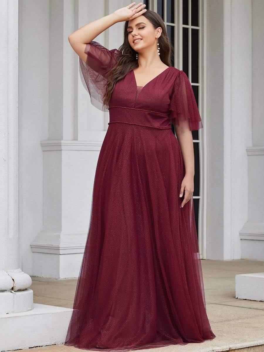 Romantic V Neck Tulle Evening Dress with Ruffle Sleeves