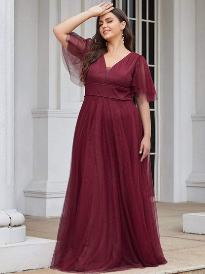 Romantic V Neck Tulle Evening Dress with Ruffle Sleeves