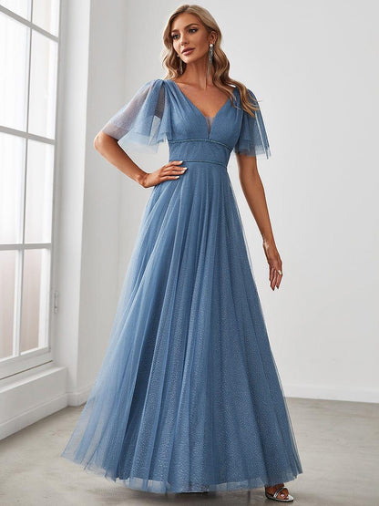 Romantic V Neck Tulle Evening Dress with Ruffle Sleeves
