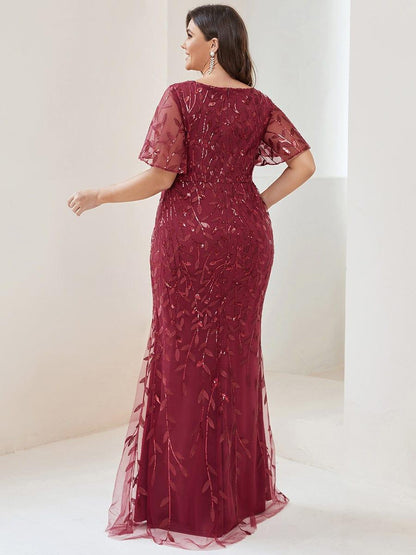 pretty DIONE|Fashion Plus Size V Neck Mermaid Sequin & Tulle Evening Dress