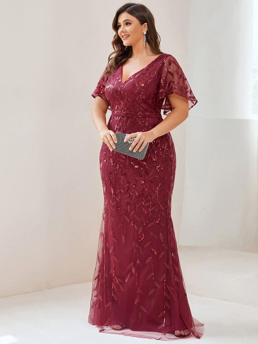 pretty DIONE|Fashion Plus Size V Neck Mermaid Sequin & Tulle Evening Dress