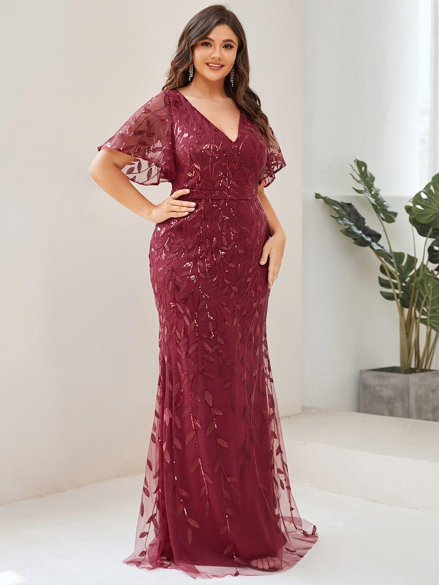 pretty DIONE|Fashion Plus Size V Neck Mermaid Sequin & Tulle Evening Dress