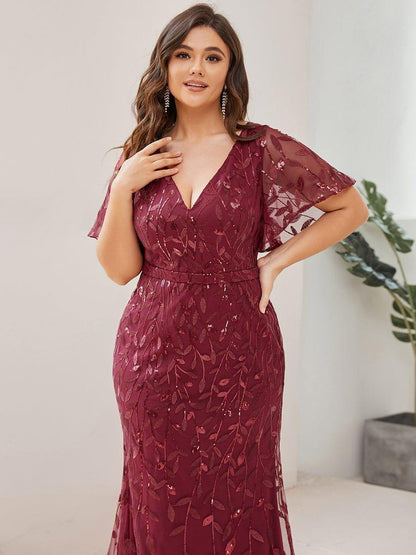 pretty DIONE|Fashion Plus Size V Neck Mermaid Sequin & Tulle Evening Dress