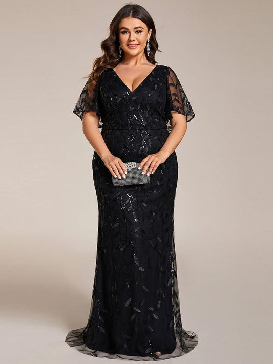 pretty DIONE|Fashion Plus Size V Neck Mermaid Sequin & Tulle Evening Dress