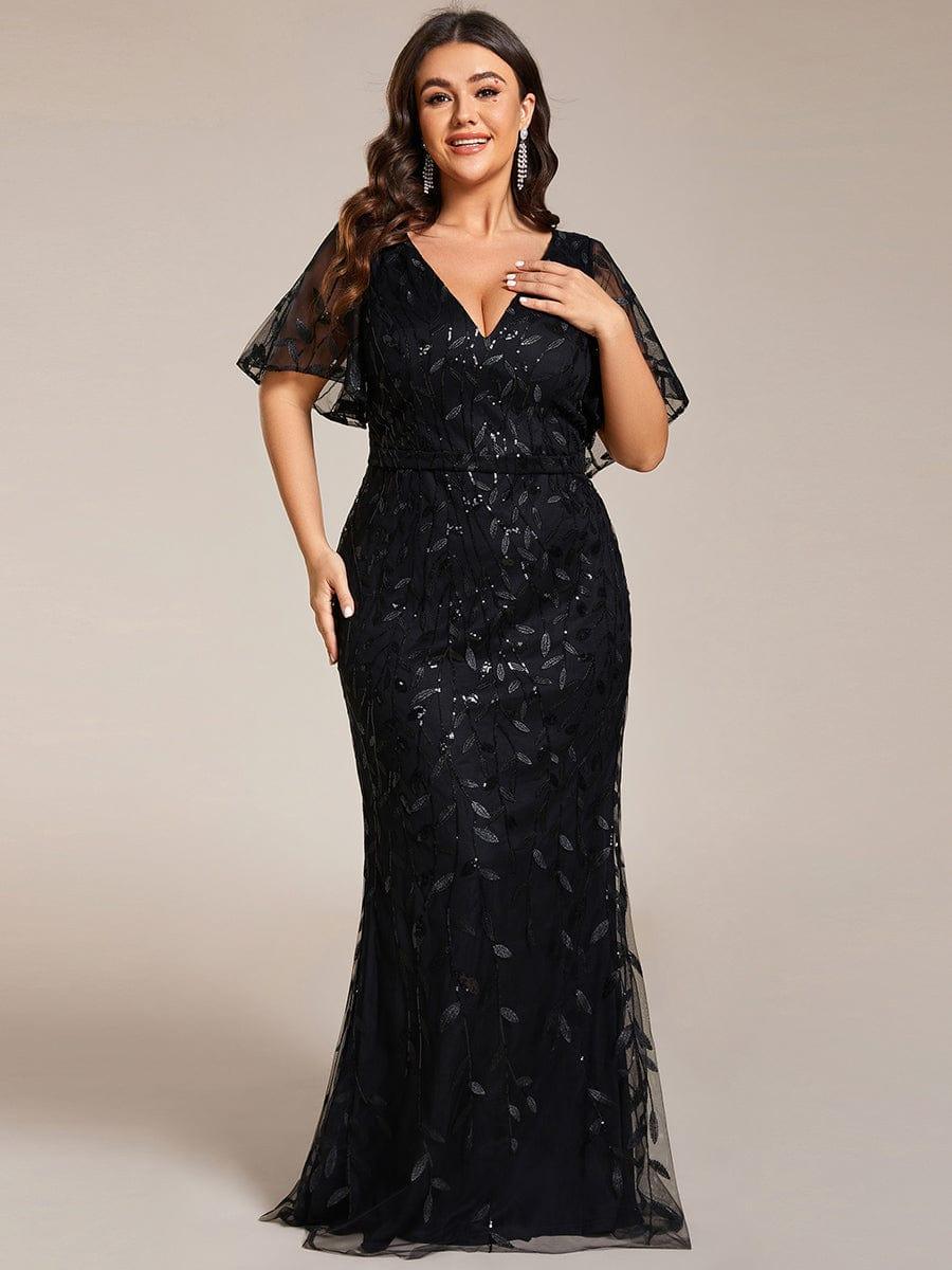 pretty DIONE|Fashion Plus Size V Neck Mermaid Sequin & Tulle Evening Dress