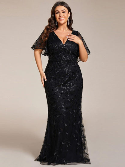 pretty DIONE|Fashion Plus Size V Neck Mermaid Sequin & Tulle Evening Dress