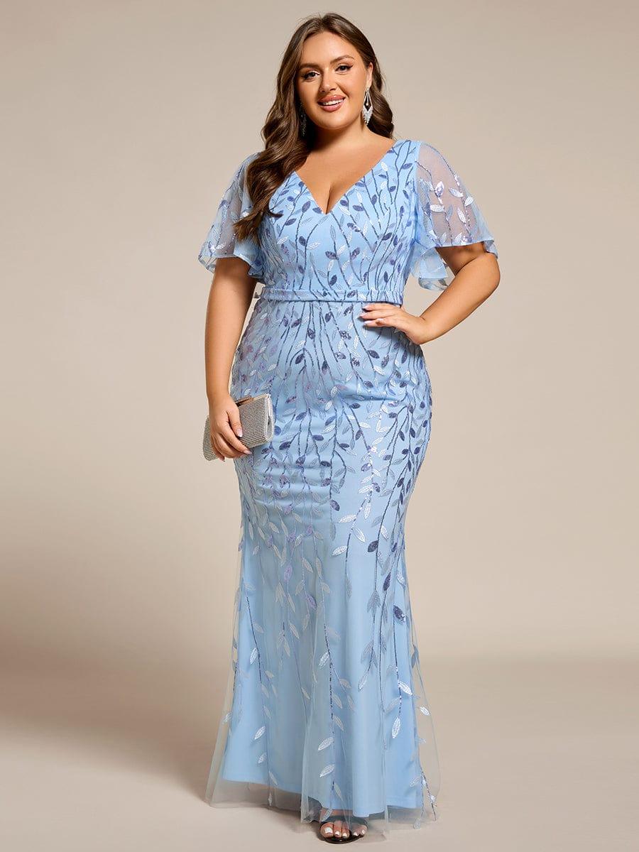 pretty DIONE|Fashion Plus Size V Neck Mermaid Sequin & Tulle Evening Dress