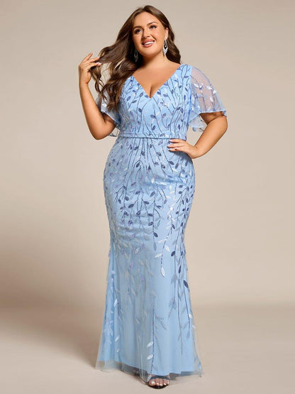 pretty DIONE|Fashion Plus Size V Neck Mermaid Sequin & Tulle Evening Dress