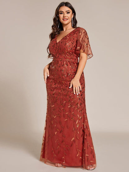 pretty DIONE|Fashion Plus Size V Neck Mermaid Sequin & Tulle Evening Dress