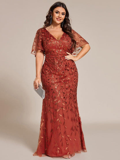pretty DIONE|Fashion Plus Size V Neck Mermaid Sequin & Tulle Evening Dress