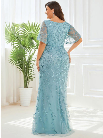 pretty DIONE|Fashion Plus Size V Neck Mermaid Sequin & Tulle Evening Dress