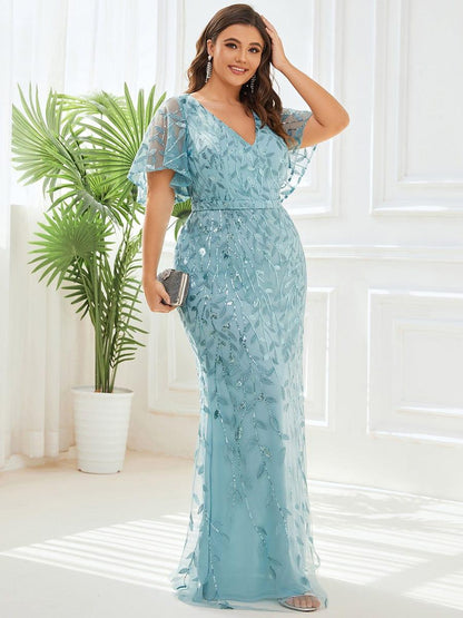pretty DIONE|Fashion Plus Size V Neck Mermaid Sequin & Tulle Evening Dress