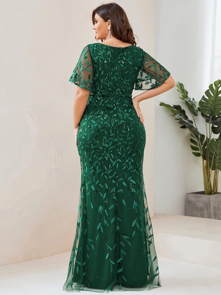 pretty DIONE|Fashion Plus Size V Neck Mermaid Sequin & Tulle Evening Dress