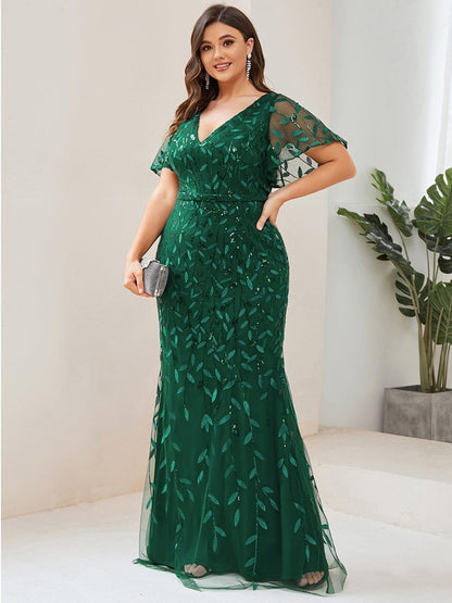 pretty DIONE|Fashion Plus Size V Neck Mermaid Sequin & Tulle Evening Dress