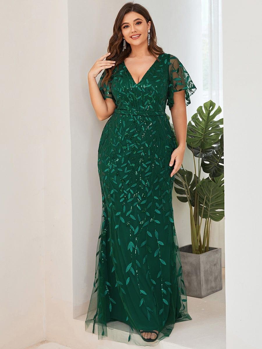 pretty DIONE|Fashion Plus Size V Neck Mermaid Sequin & Tulle Evening Dress