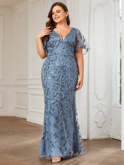 pretty DIONE|Fashion Plus Size V Neck Mermaid Sequin & Tulle Evening Dress