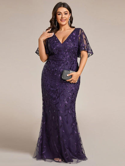 pretty DIONE|Fashion Plus Size V Neck Mermaid Sequin & Tulle Evening Dress
