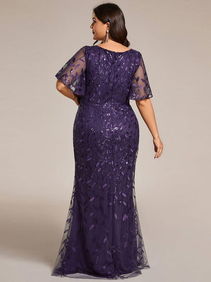 pretty DIONE|Fashion Plus Size V Neck Mermaid Sequin & Tulle Evening Dress