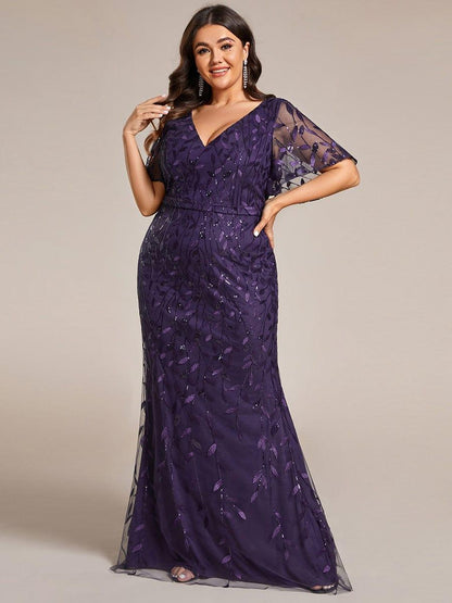 pretty DIONE|Fashion Plus Size V Neck Mermaid Sequin & Tulle Evening Dress