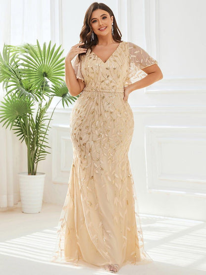 pretty DIONE|Fashion Plus Size V Neck Mermaid Sequin & Tulle Evening Dress