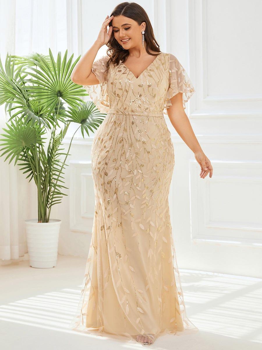 pretty DIONE|Fashion Plus Size V Neck Mermaid Sequin & Tulle Evening Dress