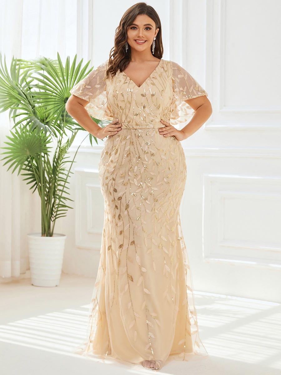 pretty DIONE|Fashion Plus Size V Neck Mermaid Sequin & Tulle Evening Dress