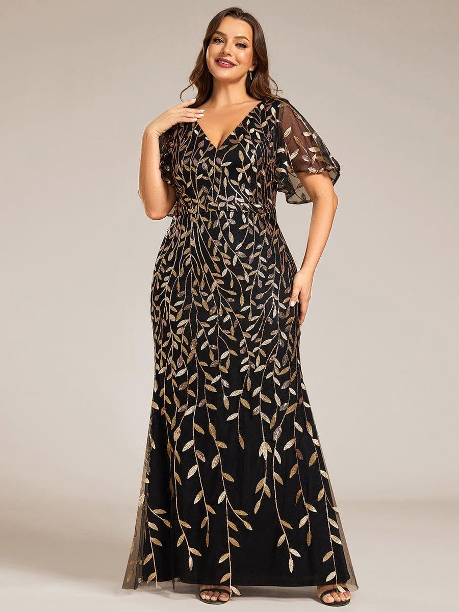 pretty DIONE|Fashion Plus Size V Neck Mermaid Sequin & Tulle Evening Dress