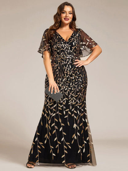 pretty DIONE|Fashion Plus Size V Neck Mermaid Sequin & Tulle Evening Dress