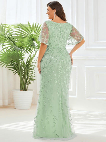 pretty DIONE|Fashion Plus Size V Neck Mermaid Sequin & Tulle Evening Dress