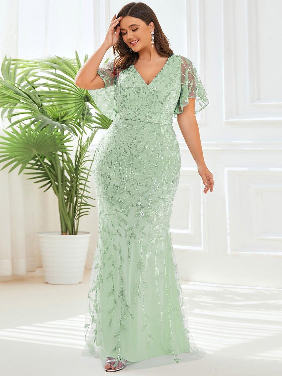 pretty DIONE|Fashion Plus Size V Neck Mermaid Sequin & Tulle Evening Dress