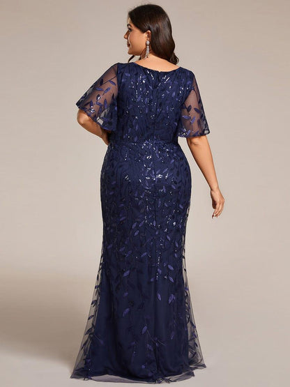 pretty DIONE|Fashion Plus Size V Neck Mermaid Sequin & Tulle Evening Dress