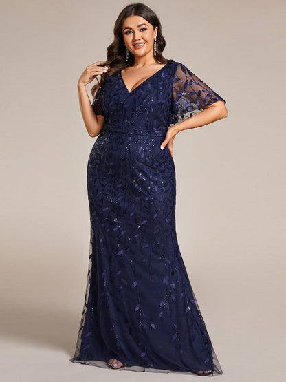 pretty DIONE|Fashion Plus Size V Neck Mermaid Sequin & Tulle Evening Dress