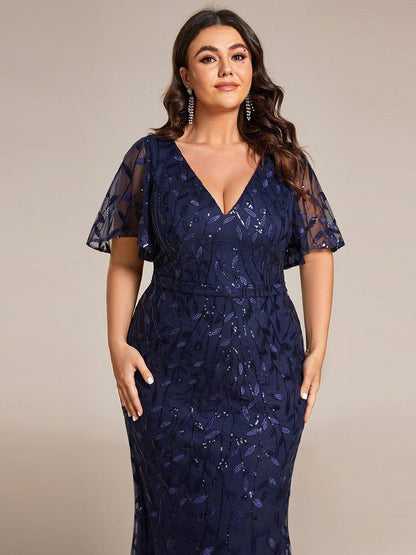 pretty DIONE|Fashion Plus Size V Neck Mermaid Sequin & Tulle Evening Dress
