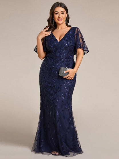 pretty DIONE|Fashion Plus Size V Neck Mermaid Sequin & Tulle Evening Dress