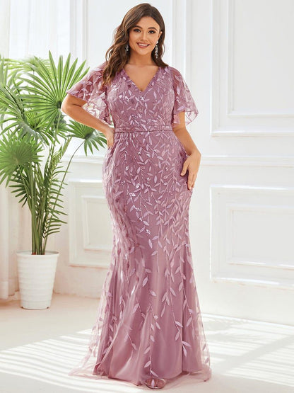 pretty DIONE|Fashion Plus Size V Neck Mermaid Sequin & Tulle Evening Dress
