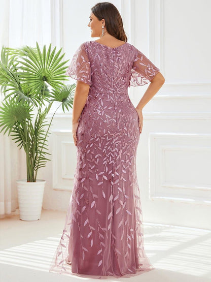 pretty DIONE|Fashion Plus Size V Neck Mermaid Sequin & Tulle Evening Dress